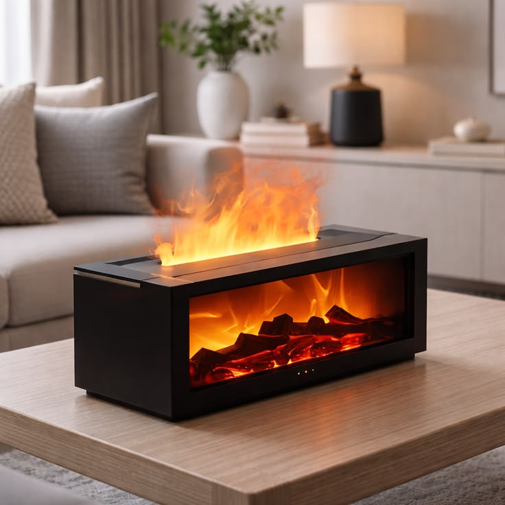 Nuvi 3D flame aroma diffuser on a light wood living room coffee table with linen sofa and styled ceramics, cozy aesthetic home decor