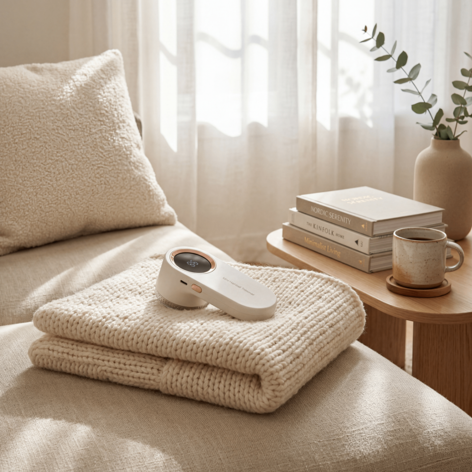 Nuvi rechargeable fabric shaver on a folded cream knit blanket in a sunlit living room