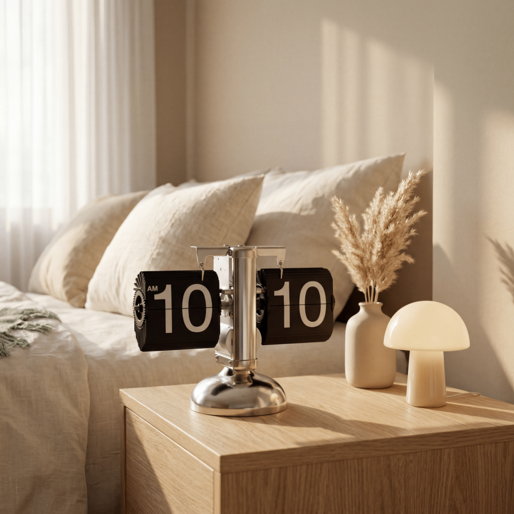 Nuvi retro flip desk clock on a wooden bedside table, vintage home decor