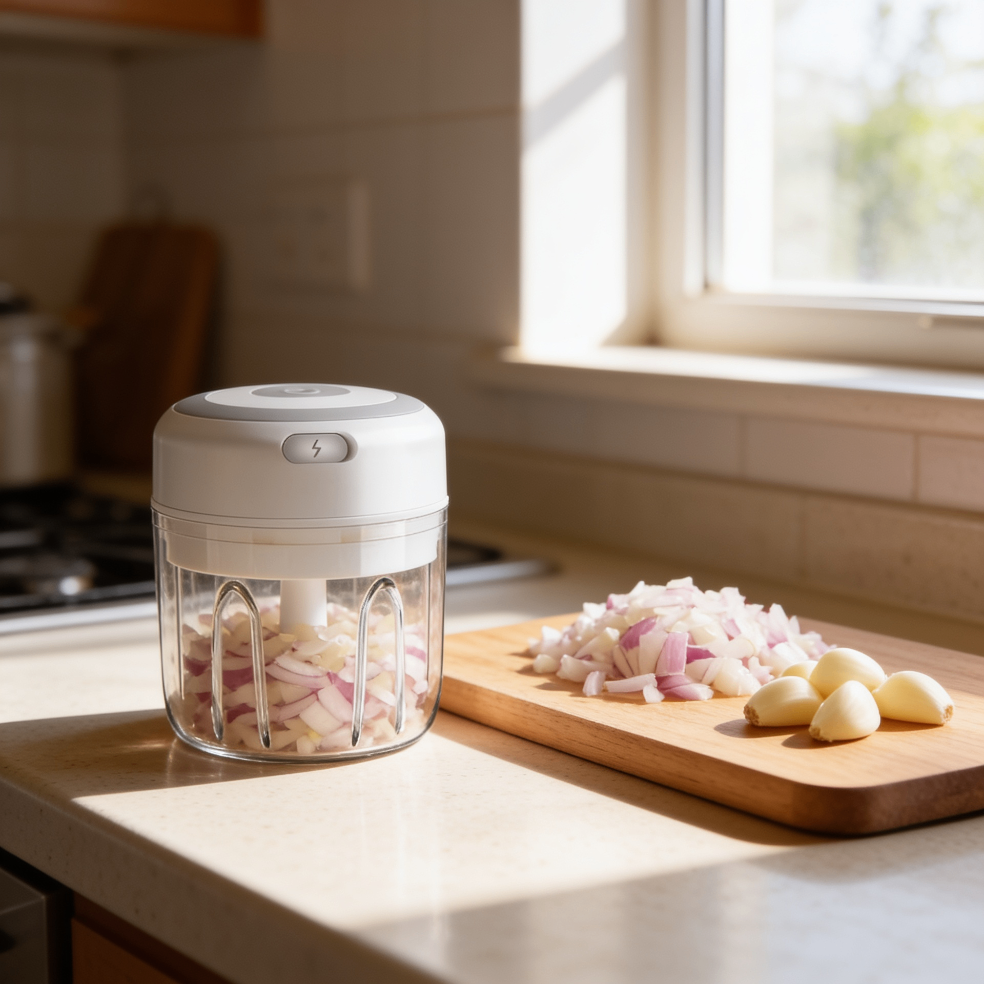Nuvi electric mini food chopper on a sunlit kitchen counter with chopped red onion and garlic on a wood cutting board