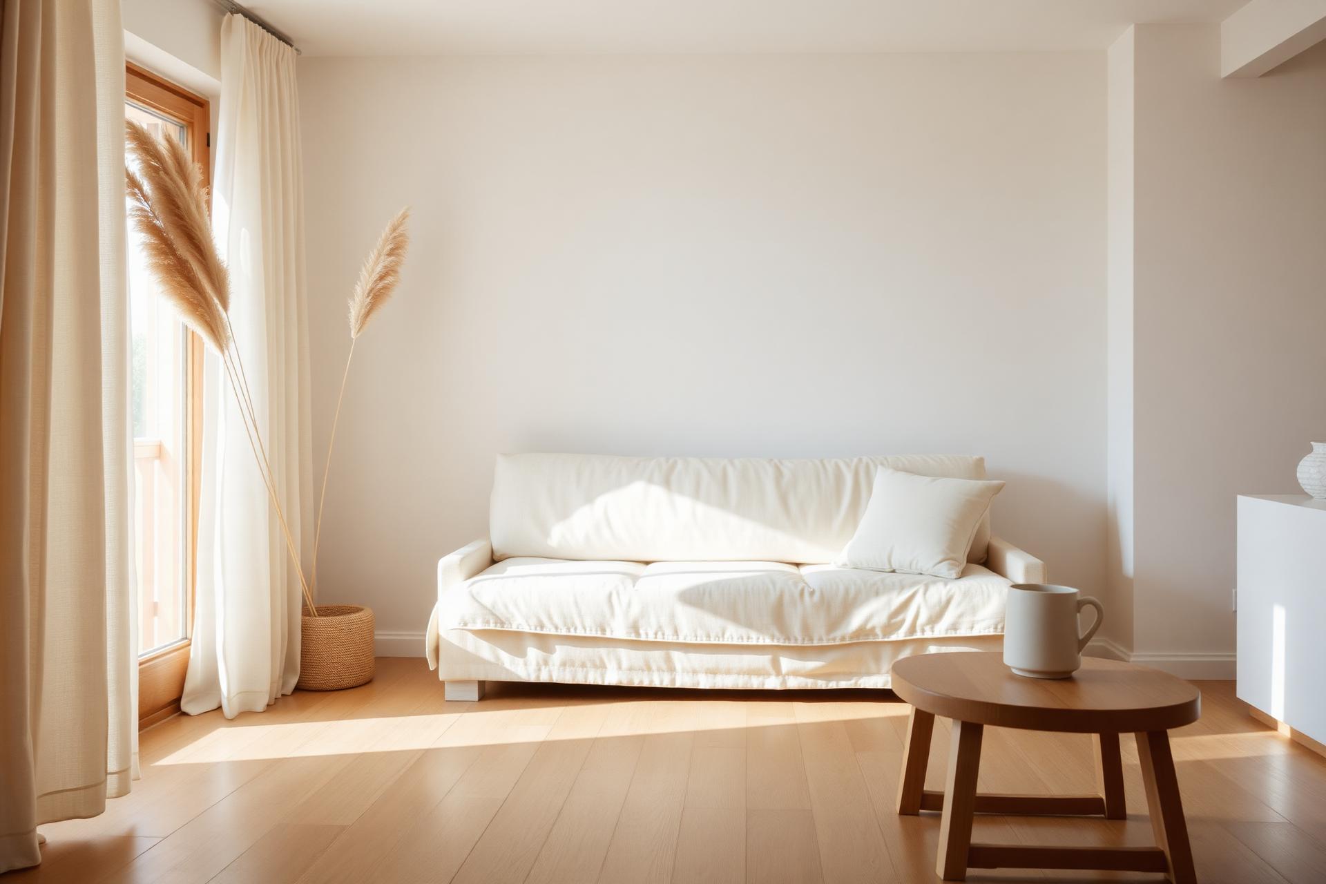 Sunlit Japandi living room with cream linen sofa, dried pampas grass, and warm wooden accents